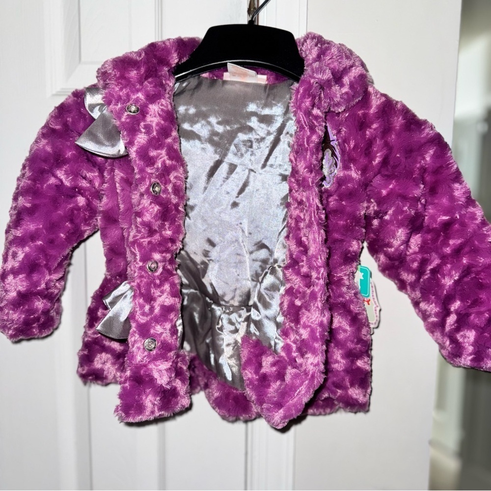 NICKELODEON Dora & Friends Girls 3T Purple Faux Fur Sparkle Jacket Coat Bows NWT - Picture 14 of 16